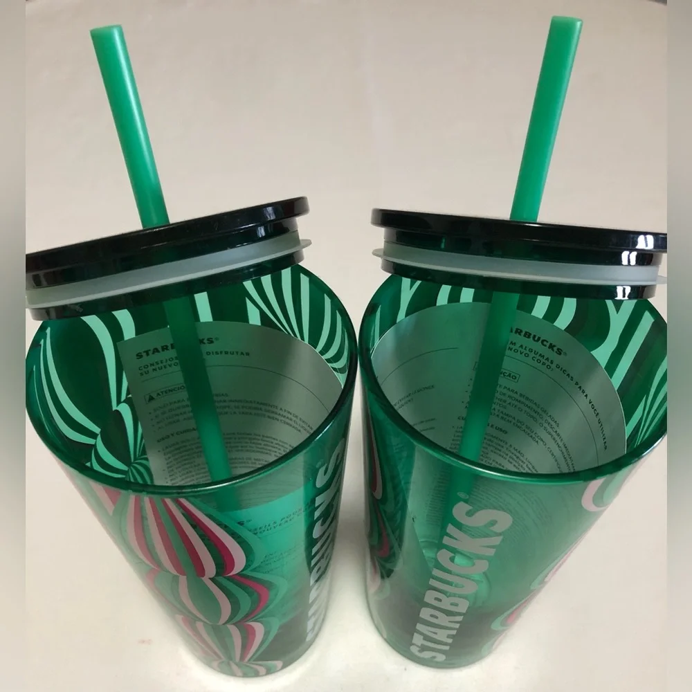 Starbucks (2) NEW Green and Pink Patterned Stripe‎ Ornaments Tumblers.Size 18oz.